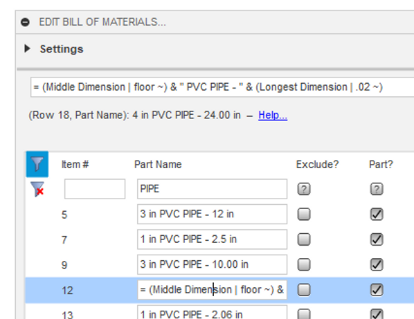 A screenshot of the Bommer for Autodesk Fusion 360 software showing a formula that uses Bommer dimension properties to construct part names for PVC pipe