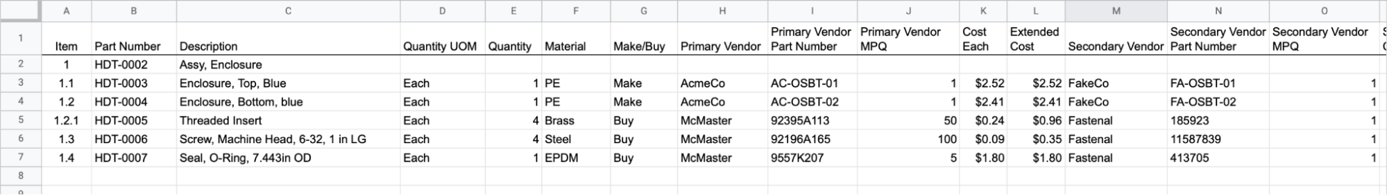 Screenshot of a simplified manufacturing BOM copied from the Hardware Document Toolkit