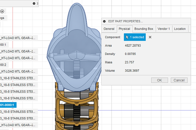 Screenshot of automatically available properties like area and density for a part in Bommer for Fusion
    360