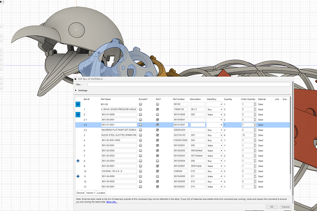 Screenshot of properties in a bill of materials in Bommer for Fusion 360