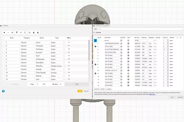 Screenshot of custom properties in a bill of materials in Bommer for Fusion 360