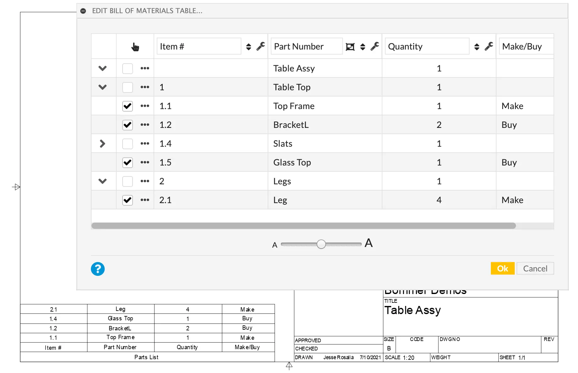 Screenshot of a modal to insert a BOM onto a drawing and the resulting Fusion 360 drawing with BOM in
    Bommer for Fusion 360