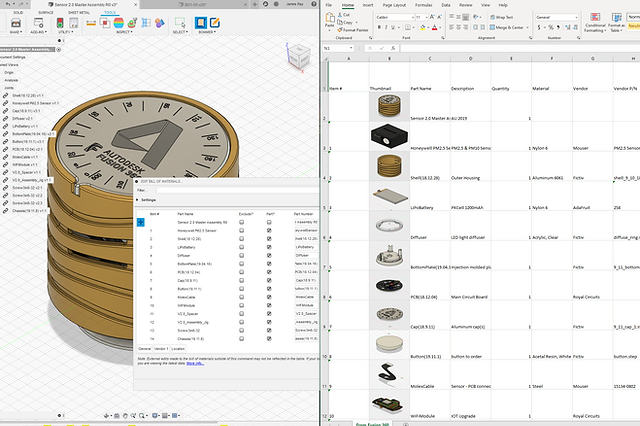 Side by side screenshots of Bommer for Fusion 360 and an exported BOM spreadsheet open in Microsoft
    Excel