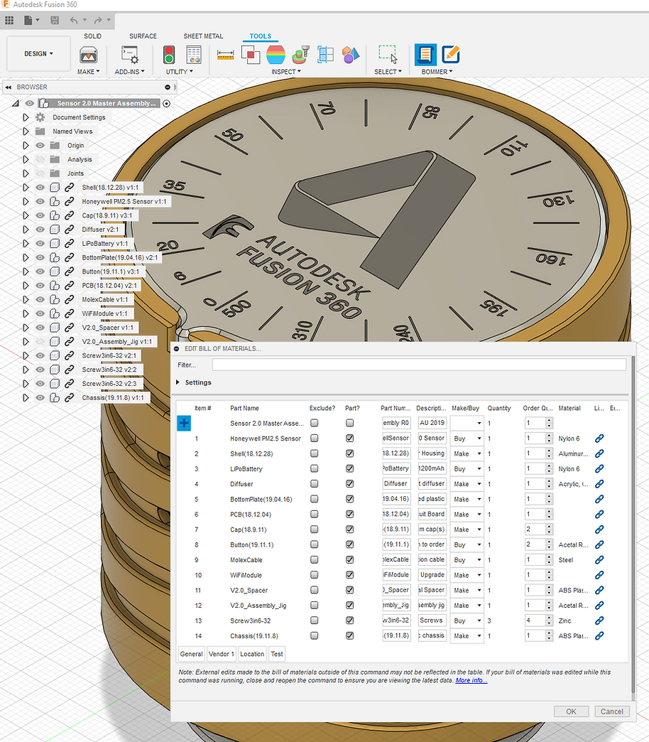Screenshot of bill of materials in Bommer for Fusion 360