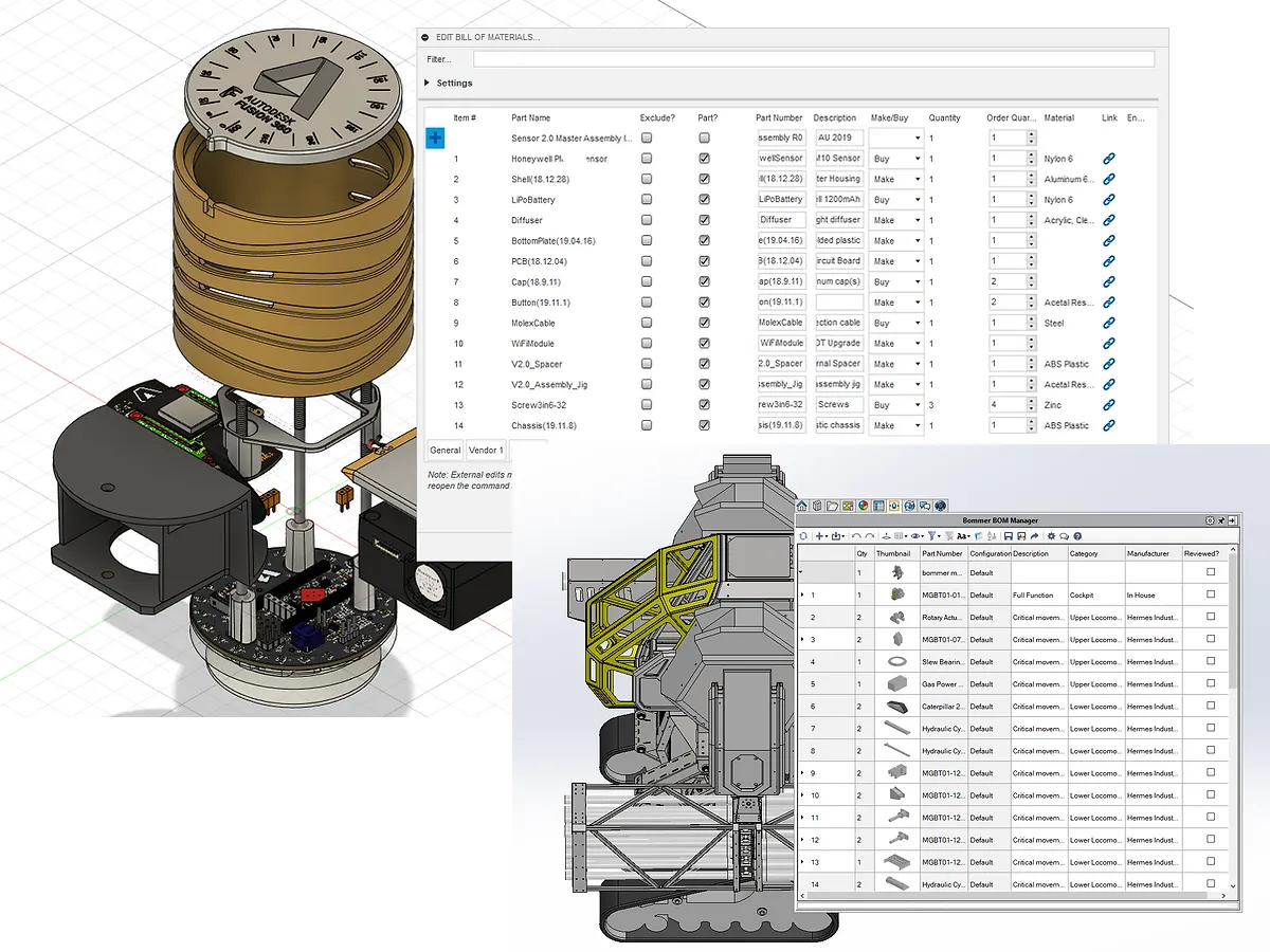 Screenshots of bill of materials in Bommer for Fusion 360 and Solidworks