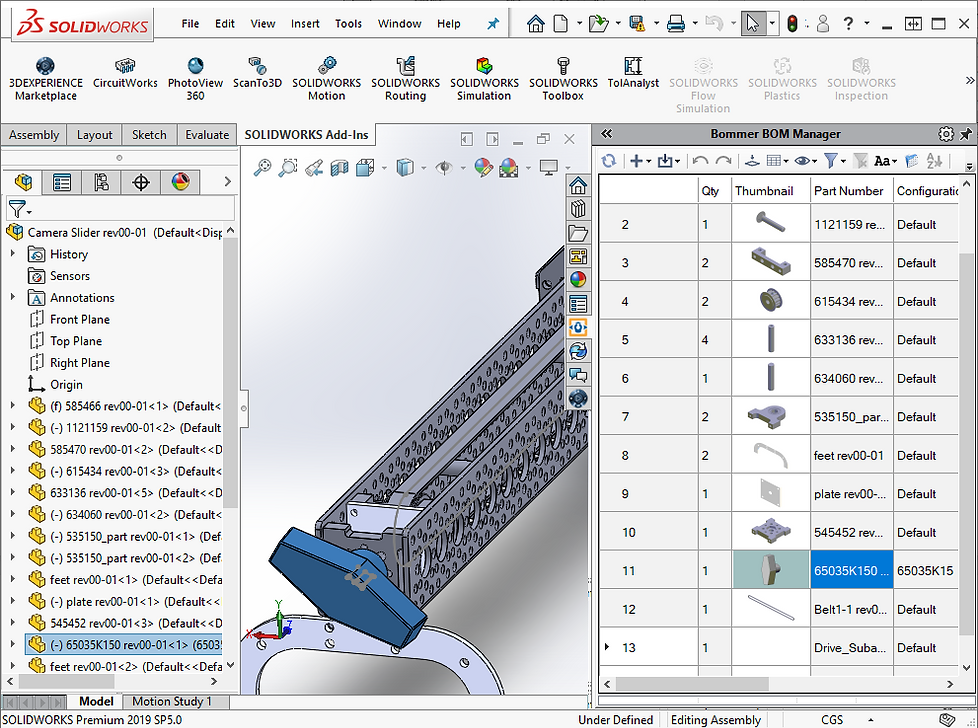 Screenshot of Bommer-generated bill of materials next to a part in Solidworks