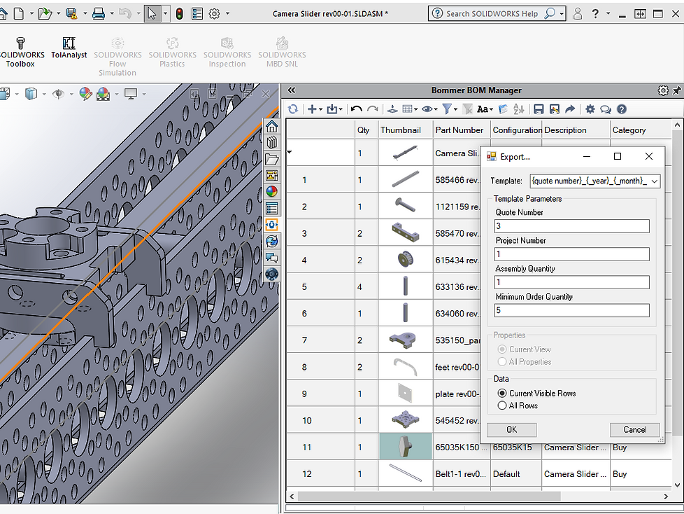 Screenshot of an Bommer export modal in Solidworks