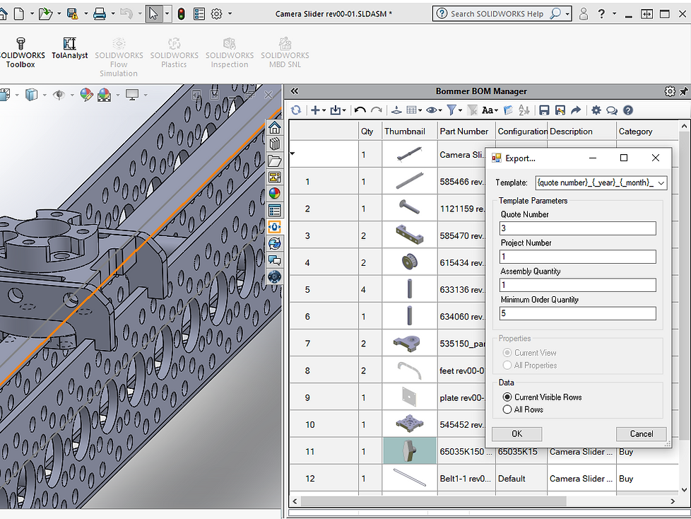 Screenshot of an Bommer export modal in Solidworks with a template selected and template parameters filled out