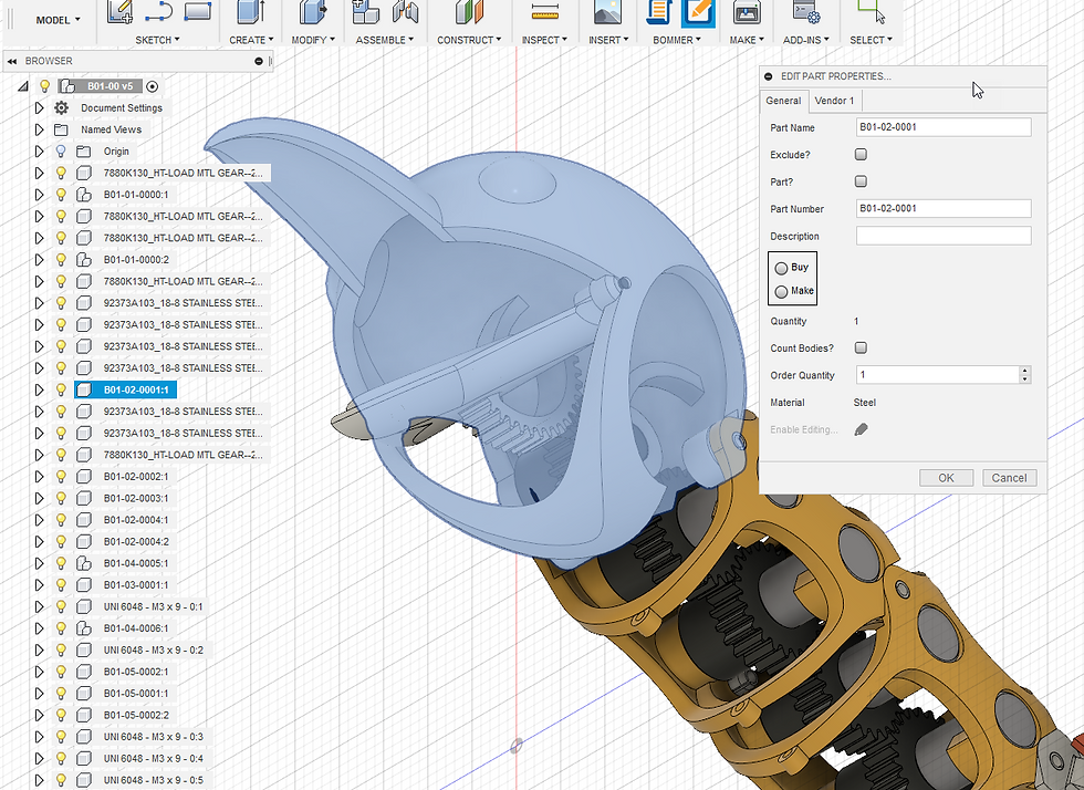 Screenshot of Bommer edit part properties dialog from inside of Fusion 360