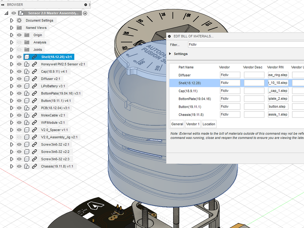 Screenshot of a Bommer bill of materials with a filter on the vendor field in Fusion 360