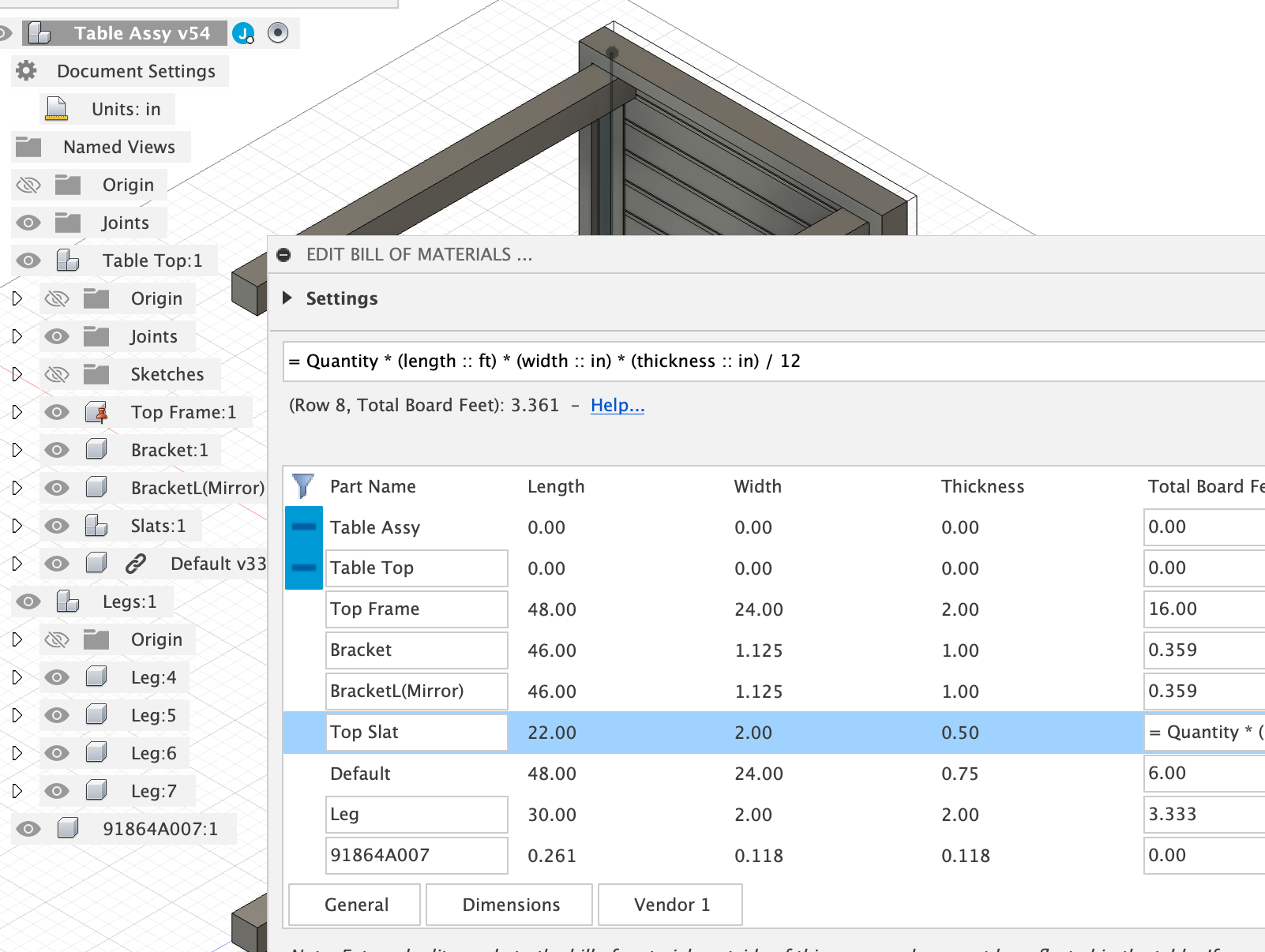 Screenshot of a Bommer bill of materials using a formula to compute total board feet for each part in an assembly