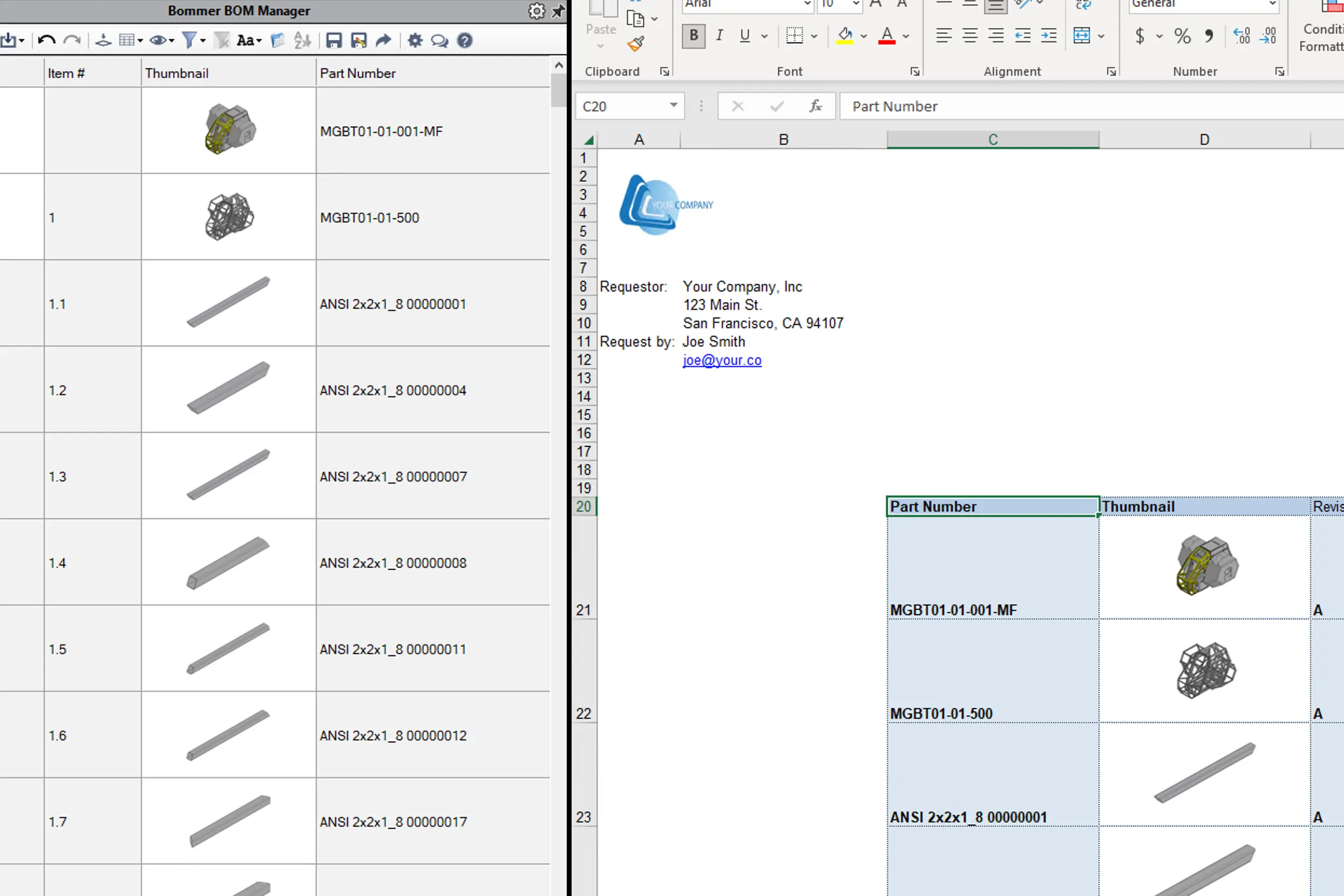 Screenshot of a bill of materials spreadsheet exported from Bommer for Solidworks using a pre formated export template built in Excel