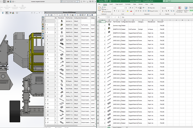Side by side screenshots of Bommer for Solidworks and an exported BOM spreadsheet open in Microsoft Excel