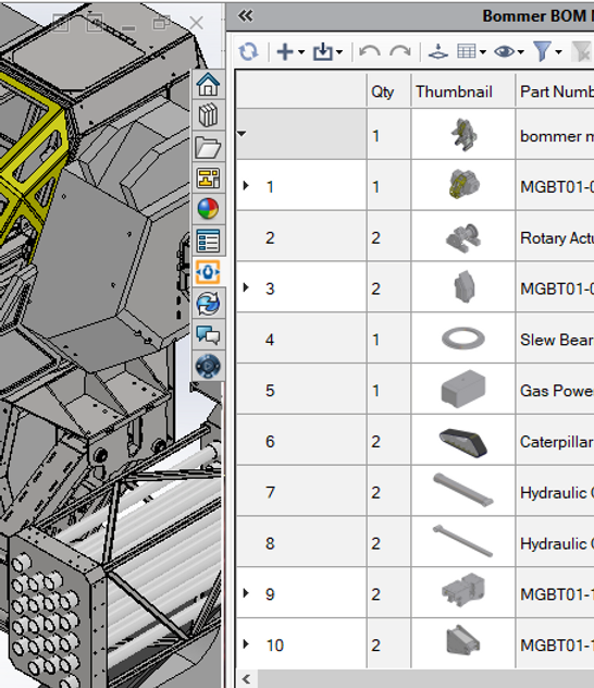 Screenshot of bill of materials in Bommer for Solidworks