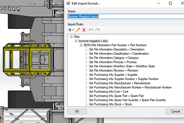 Screenshot of a bill of materials being imported from Microsoft Excel in Bommer for Solidworks