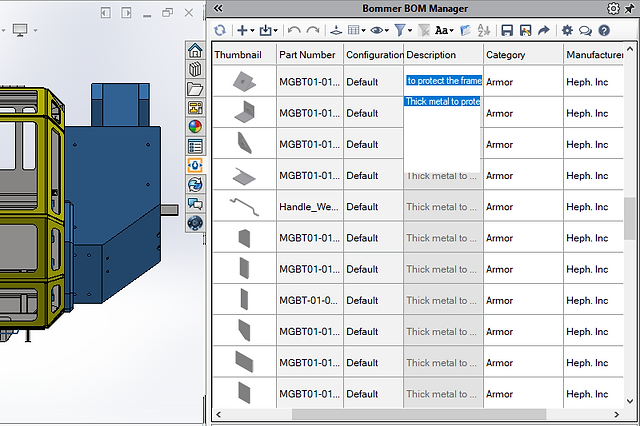 Screenshot of editting part descriptions in a spreadsheet view in Bommer for Solidworks