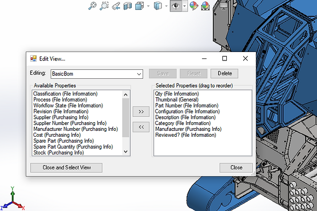 Screenshot of a modal for editing Views with a selected subset of available properties in Bommer for Solidworks
